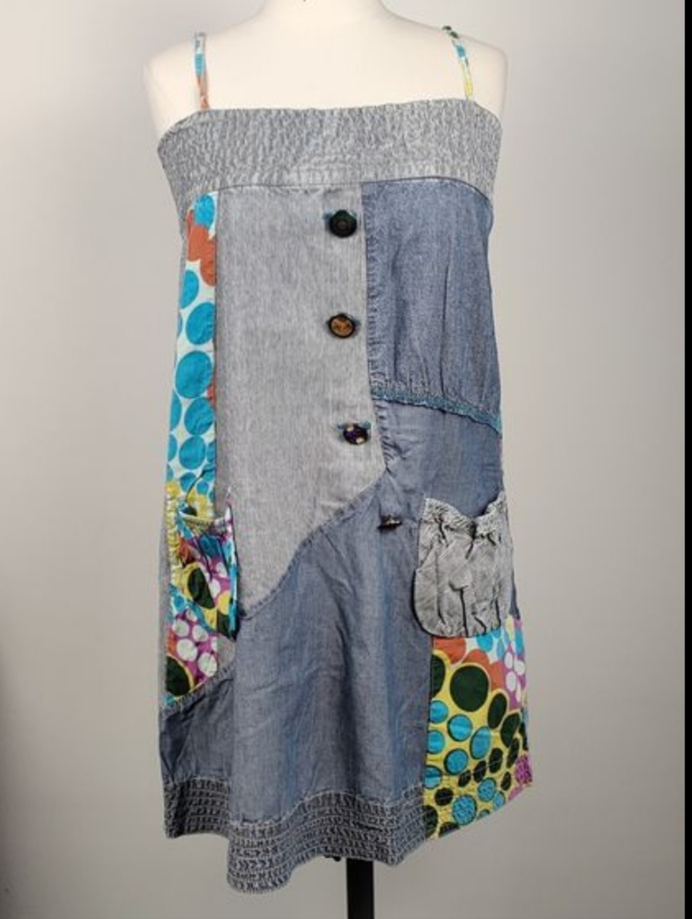 Desigual Blue Denim Patchwork Short Sundress with Multi-Color Patches - Picture 1 of 9